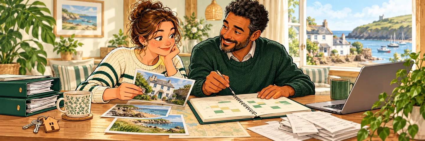 A holiday-let host reviews property records and dated occupancy planner with adviser, small seaside cottage visible.