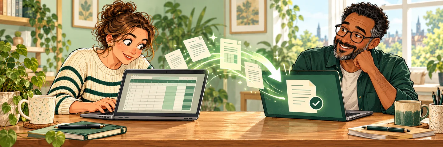 A spreadsheet user connects an abstract spreadsheet on laptop to a compatible filing tool, clear document-transfer metaphor.