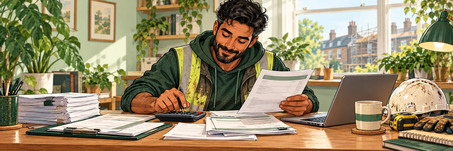 A construction subcontractor compares deduction statements with invoices and gross earnings, hard hat beside desk.