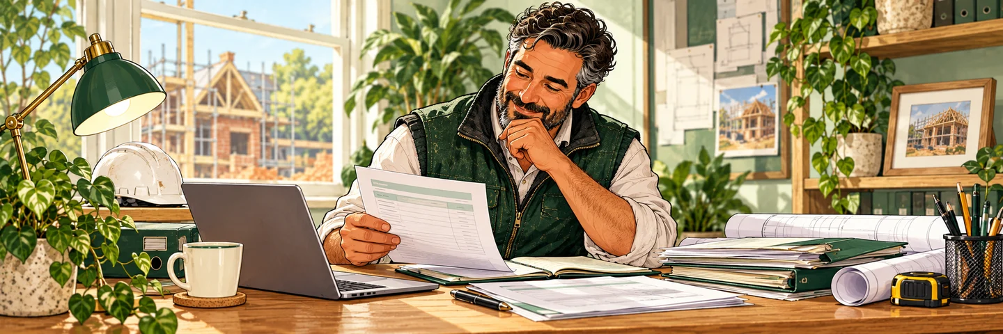An established construction contractor reviews business turnover and compliance papers before applying for gross payment.