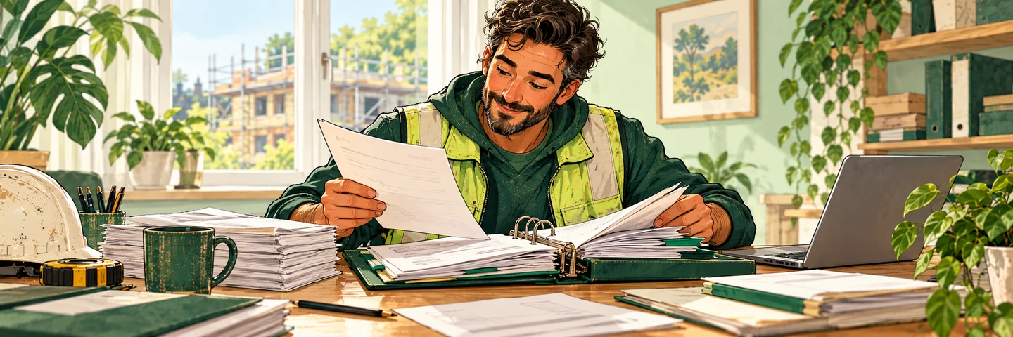 A construction worker organises monthly contractor statements and reconciles them with invoice records.