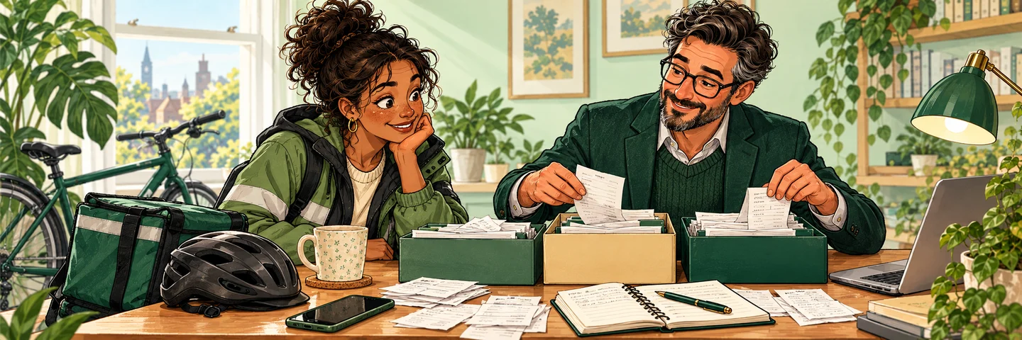 A bicycle delivery courier and accountant organise platform statements, work receipts and a mileage notebook.