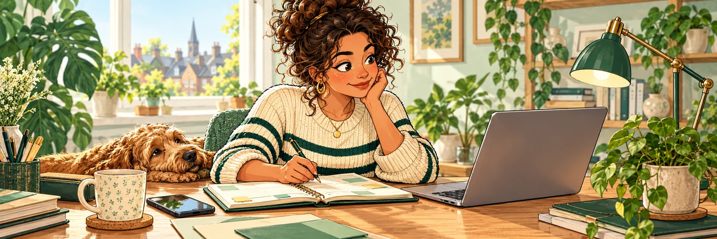 A growing freelancer prepares digital bookkeeping for the next year with an open planner and laptop.