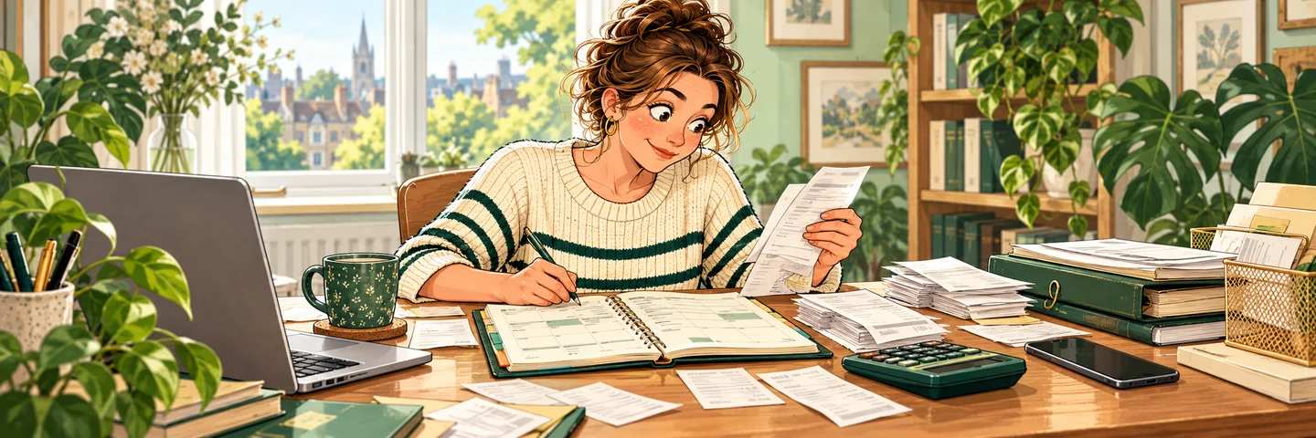 A private tutor reconciles term-time lesson diary, platform payouts and direct-client fees at a desk.