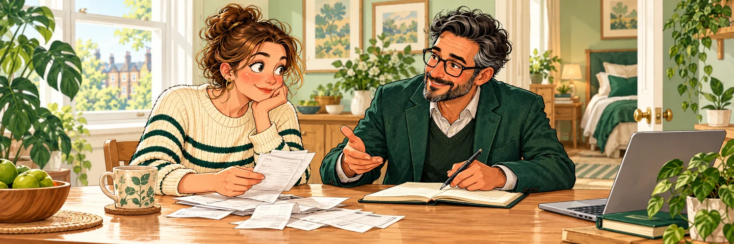 A homeowner discusses lodger receipts and letting period with adviser, welcoming spare-room doorway background.
