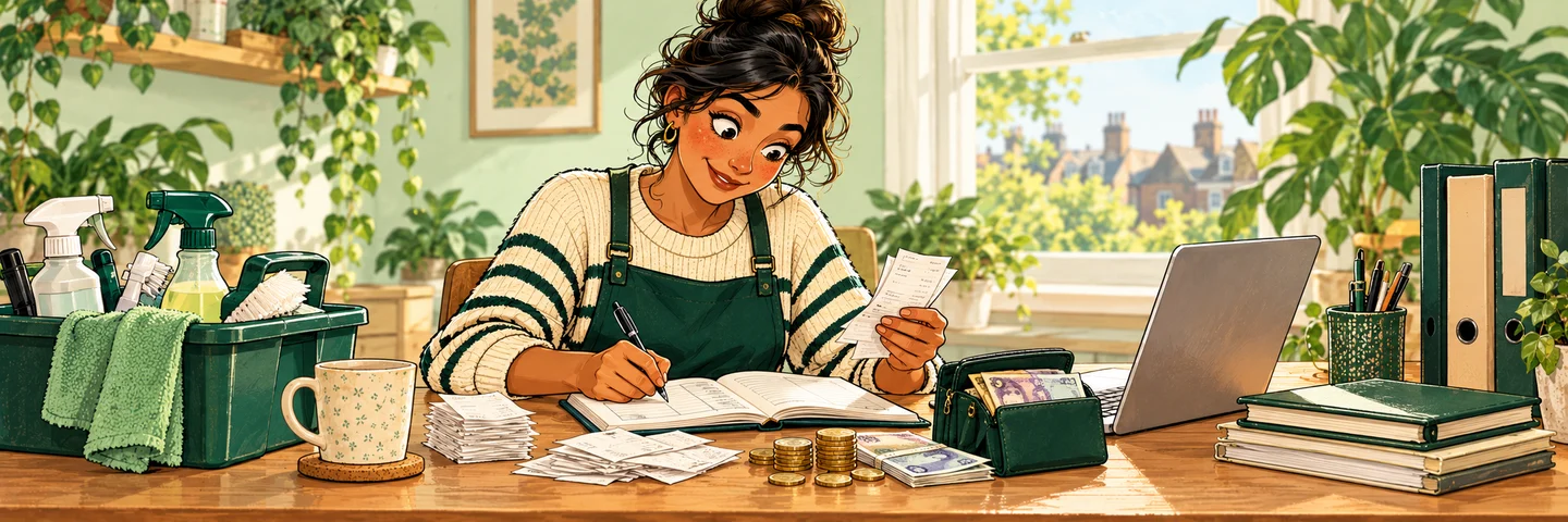 A self-employed cleaner records both cash and bank customer payments, cleaning caddy beside organised books.