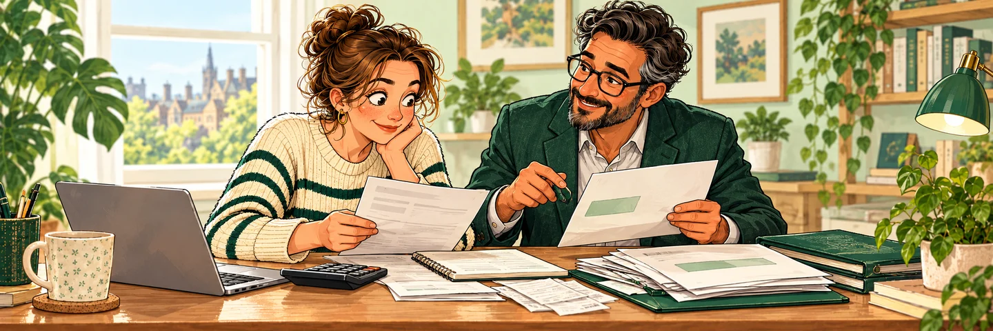 A self-employed worker checks profit records and National Insurance correspondence with accountant, no rate numbers.