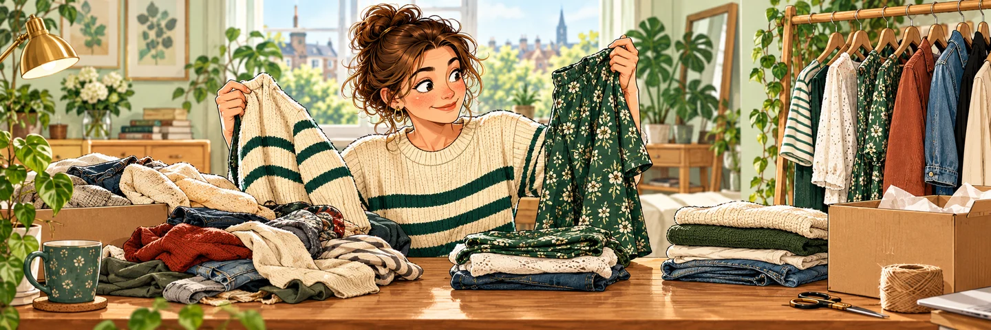 A person sorts used personal clothes for sale while keeping a separate small trading-stock rack, distinction without labels.