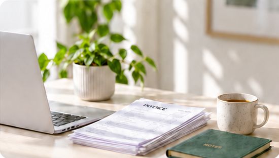 A laptop, organised paperwork and a green notebook on a bright desk